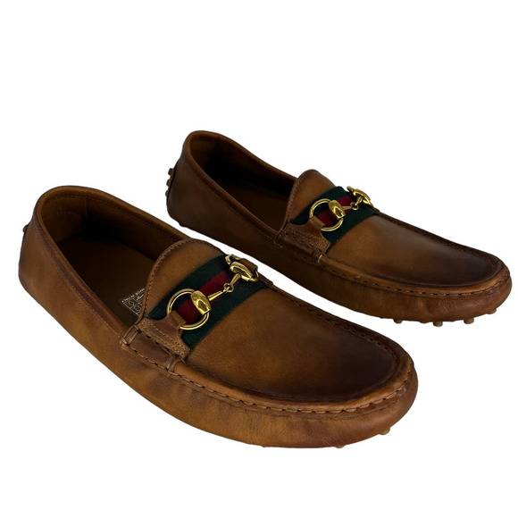 Gucci Web Horsebit Leather Driver Moccasins in Brown - Picture 5 of 16